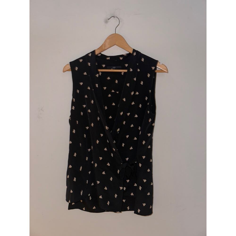 Tibi Women's Size 2 Wrap Top Silk Blouse Black Geometric Print Quiet Luxury